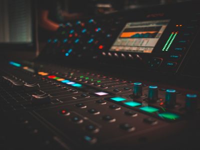 close-up photography of turned on audio mixer